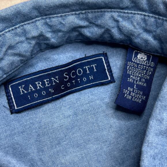 Vintage 90s Karen Scott Santa's Workshop Embroidered Denim Shirt Blue Christmas - Picture 5 of 7